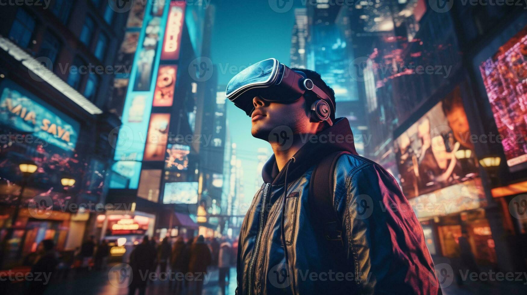 Young generation wearing VR Headset immerse in game simulator-metaverse and fantasy world, futuristic technology abstract shape, AI Generative photo