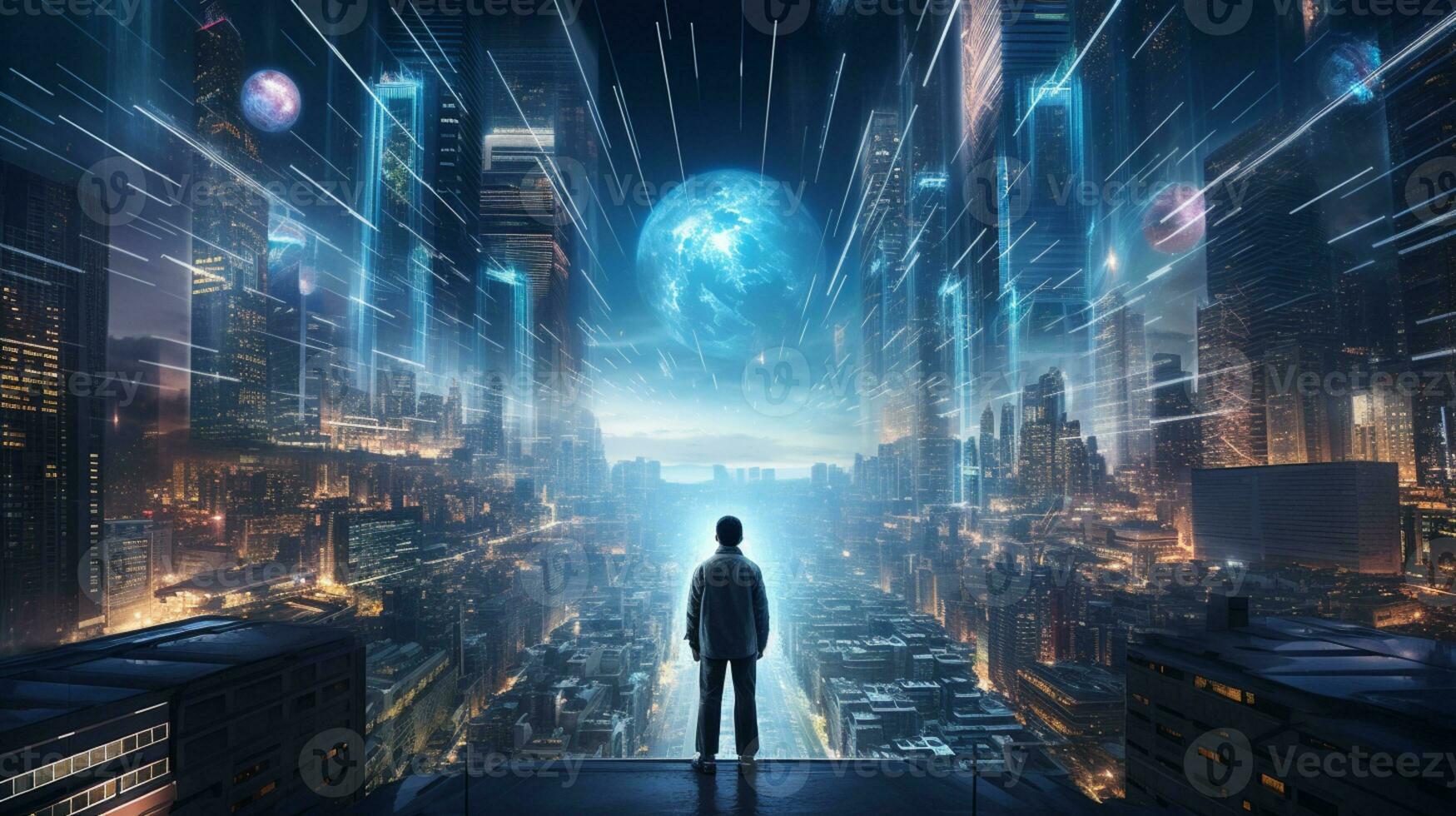 Young generation wearing VR Headset immerse in game simulator-metaverse and fantasy world, futuristic technology abstract shape, AI Generative photo