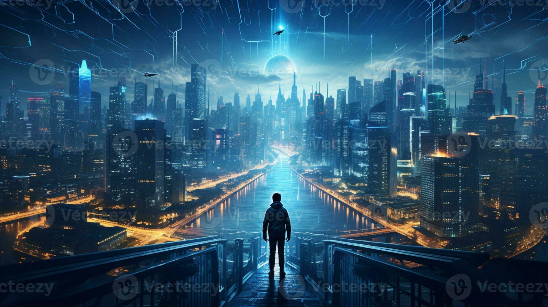 Young generation wearing VR Headset immerse in game simulator-metaverse and fantasy world, futuristic technology abstract shape, AI Generative photo