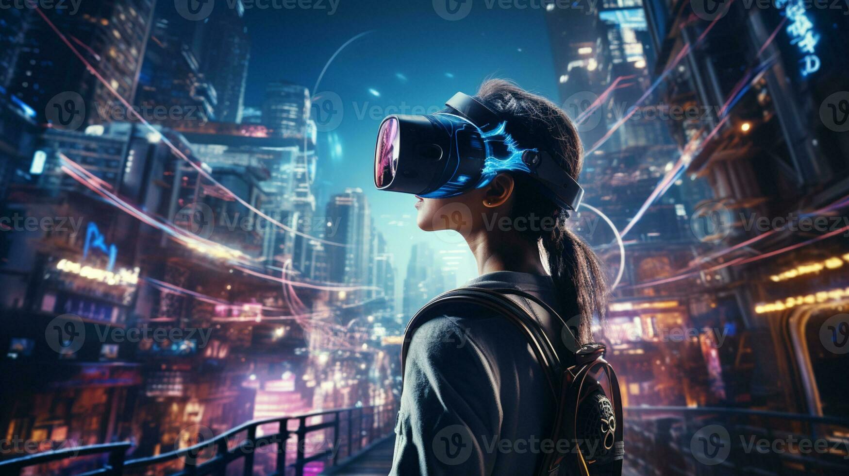 Young generation wearing VR Headset immerse in game simulator-metaverse and fantasy world, futuristic technology abstract shape, AI Generative photo