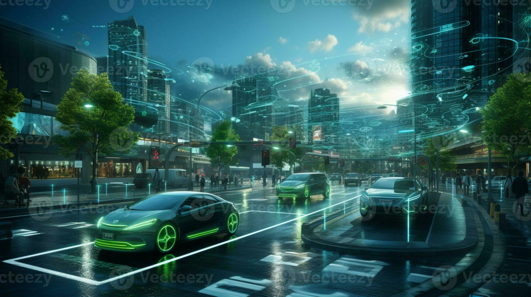 Smart city Futuristic cityscape with light trails connect with wave line creative design, big data connection technology concept, Digital skyline, AI Generative photo