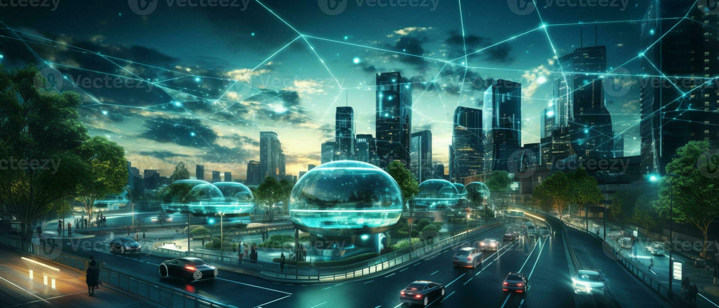 Smart city Futuristic cityscape with light trails connect with wave line creative design, big data connection technology concept, Digital skyline, AI Generative photo