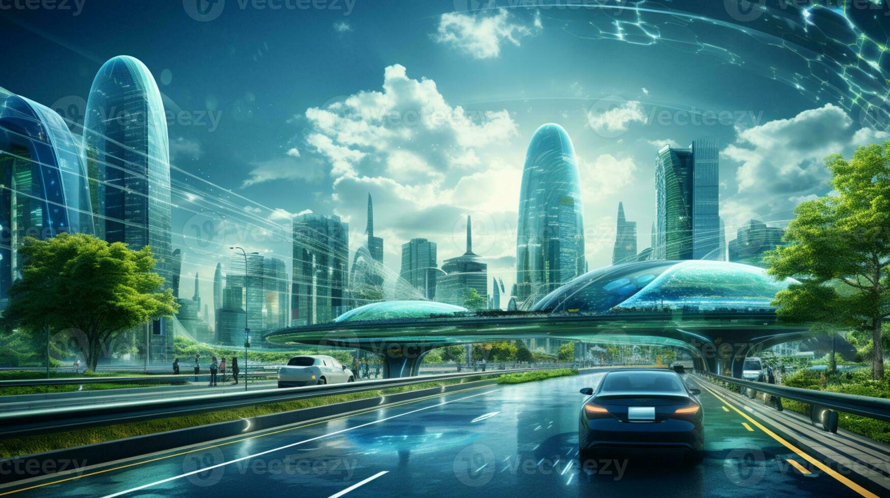 Smart city Futuristic cityscape with light trails connect with wave line creative design, big data connection technology concept, Digital skyline, AI Generative photo