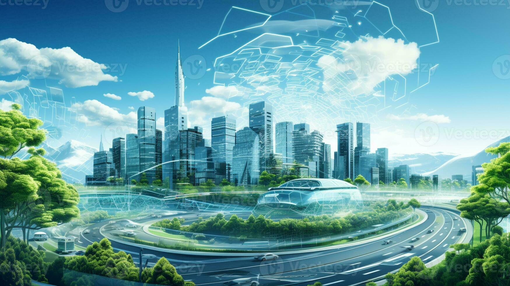 Smart city Futuristic cityscape with light trails connect with wave line creative design, big data connection technology concept, Digital skyline, AI Generative photo