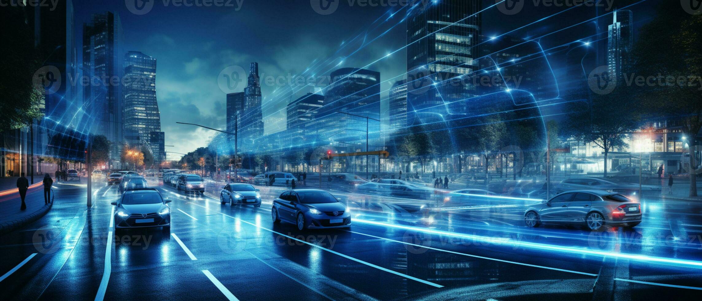 Smart city Futuristic cityscape with light trails connect with wave line creative design, big data connection technology concept, Digital skyline, AI Generative photo