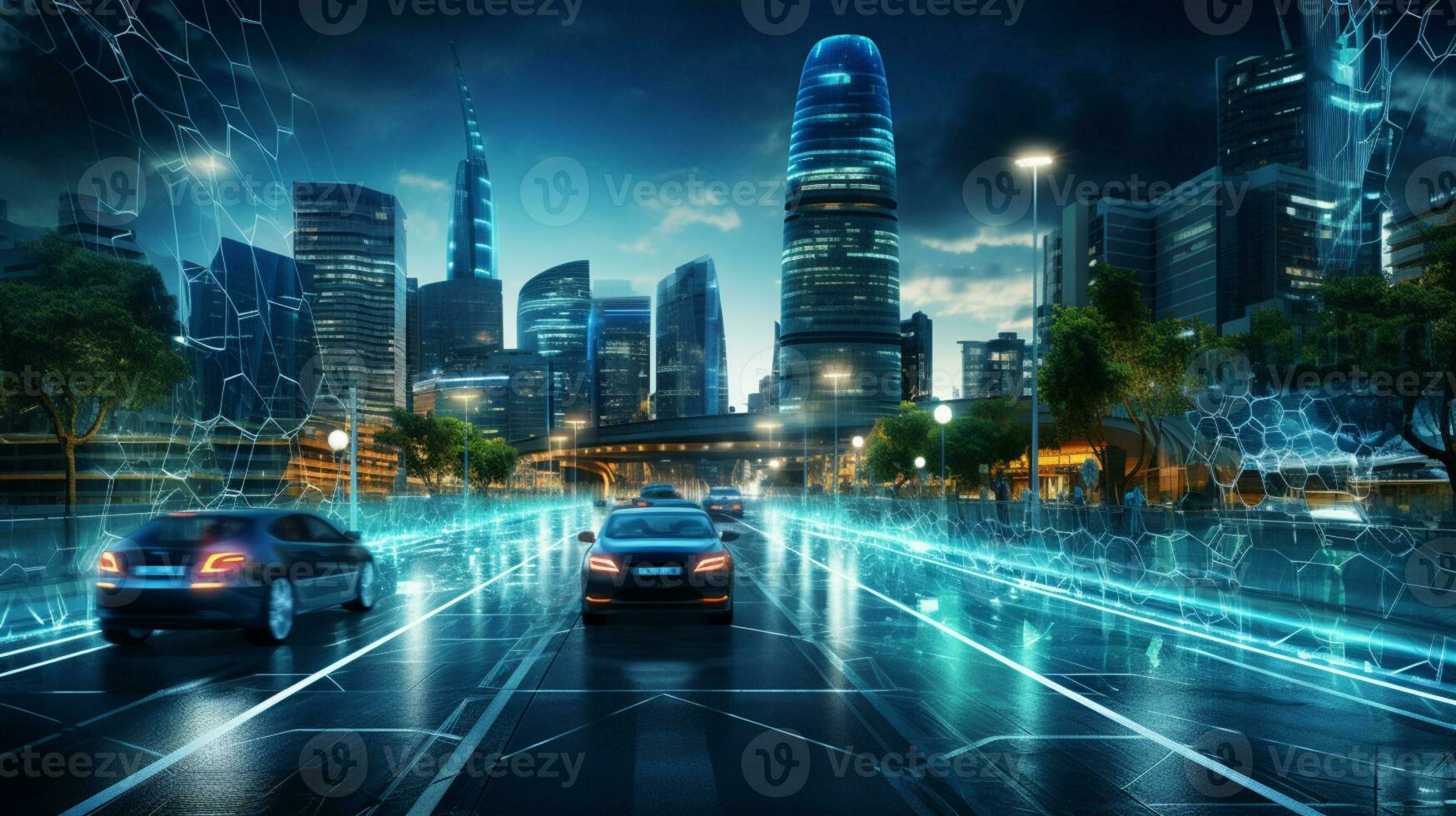 Smart city Futuristic cityscape with light trails connect with wave line creative design, big data connection technology concept, Digital skyline, AI Generative photo