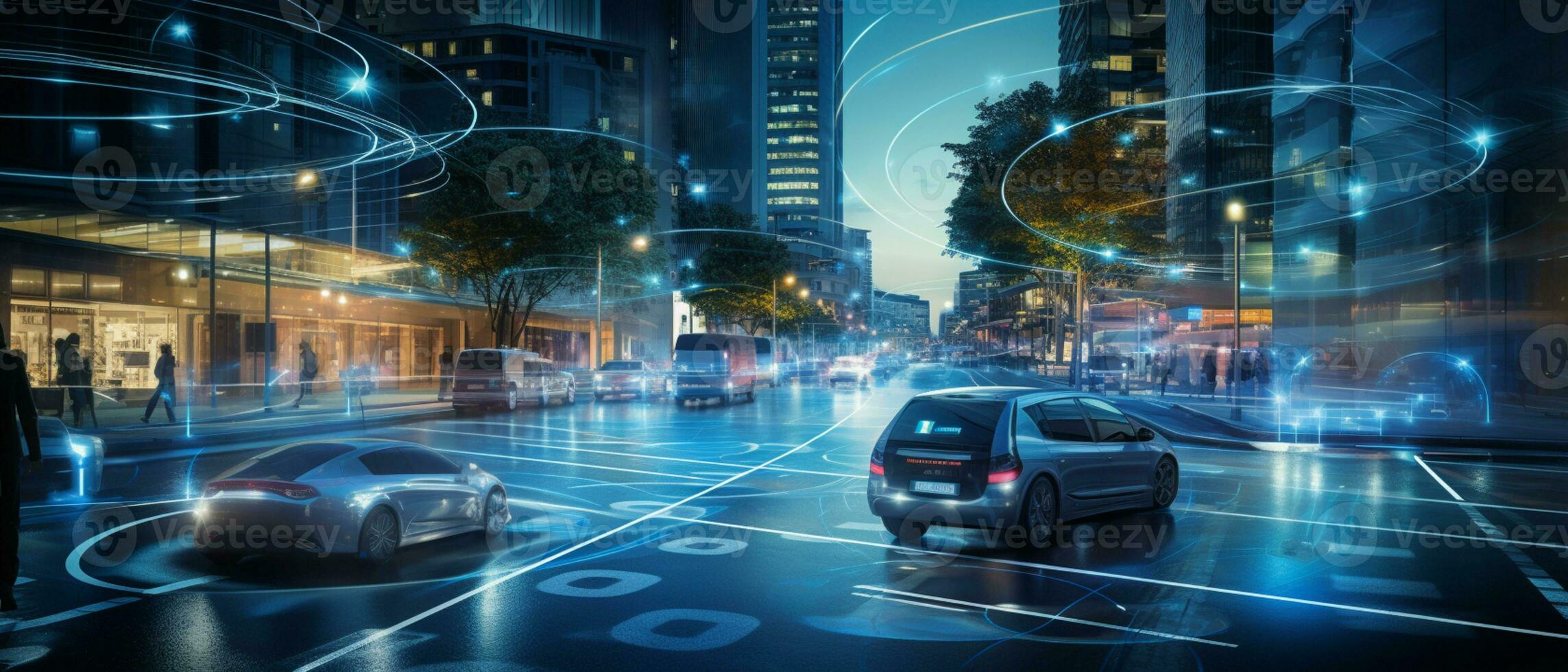 Smart city Futuristic cityscape with light trails connect with wave line creative design, big data connection technology concept, Digital skyline, AI Generative photo