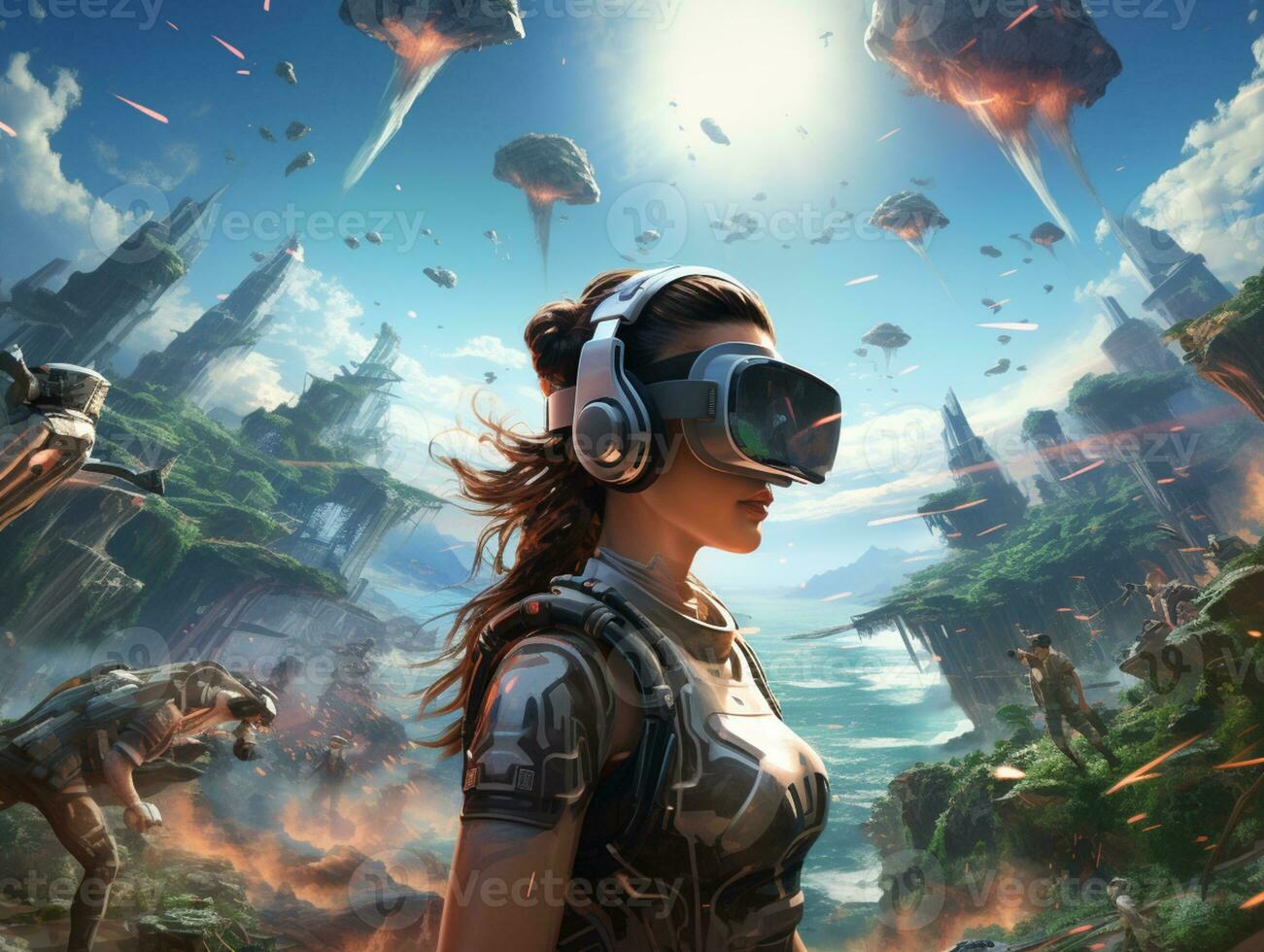 Young generation wearing VR Headset immerse in game simulator-metaverse and fantasy world, futuristic technology abstract shape, AI Generative photo