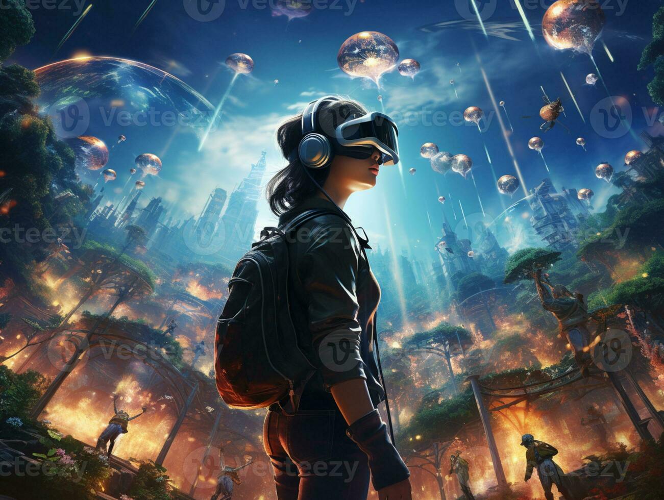 Young generation wearing VR Headset immerse in game simulator-metaverse and fantasy world, futuristic technology abstract shape, AI Generative photo