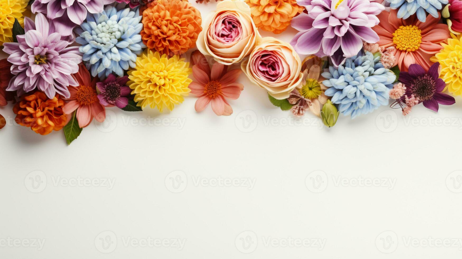 Colorful flower arranged on white background, Copy Space, AI Generative photo