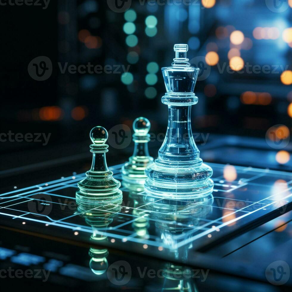 Close-up of a game of chess technology design display Business Management Performance and Financial Flows, strategy board game, problem solving, AI Generative photo