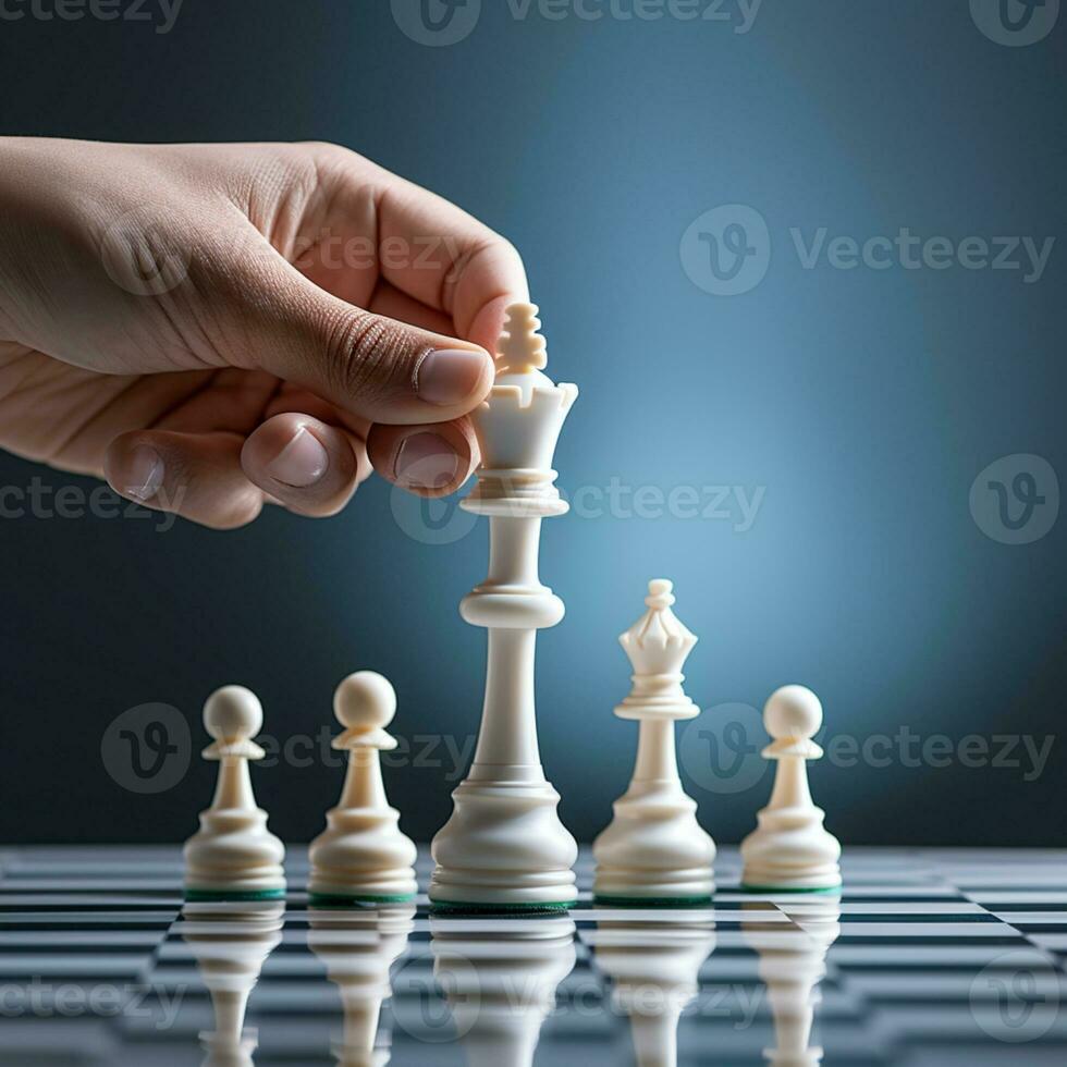 Hand of businessman playing a game of chess, strategy board game, problem solving, Risk management., AI Generative photo