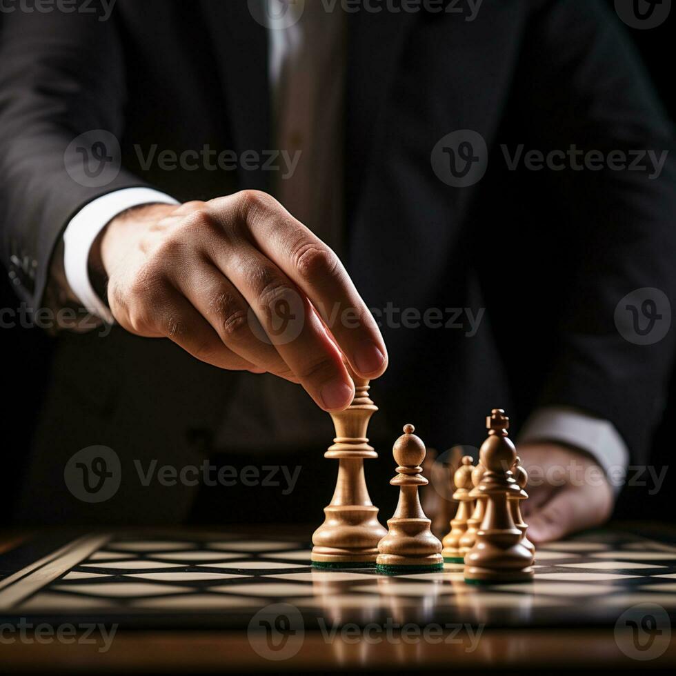 mano de empresario jugando un juego de ajedrez, estrategia tablero juego, problema resolviendo, riesgo gestión., ai generativo foto