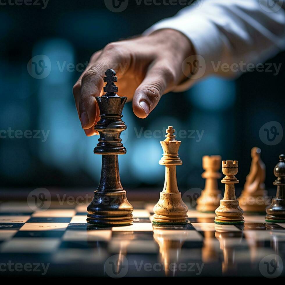 Hand of businessman playing a game of chess, strategy board game, problem solving, Risk management., AI Generative photo