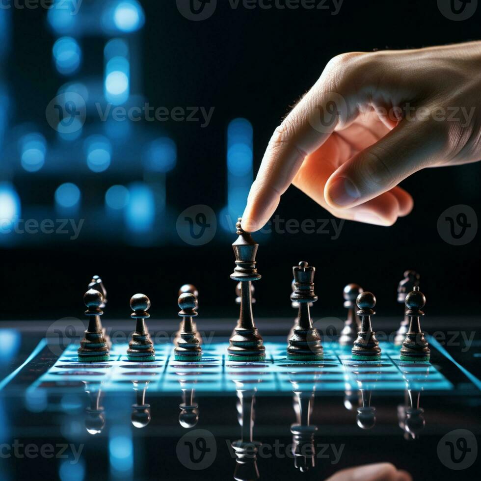 de cerca de un juego de ajedrez tecnología diseño monitor negocio administración actuación y financiero fluye, estrategia tablero juego, problema resolviendo, ai generativo foto