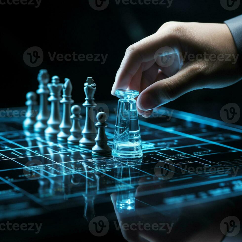 Close-up of a game of chess technology design display Business Management Performance and Financial Flows, strategy board game, problem solving, AI Generative photo