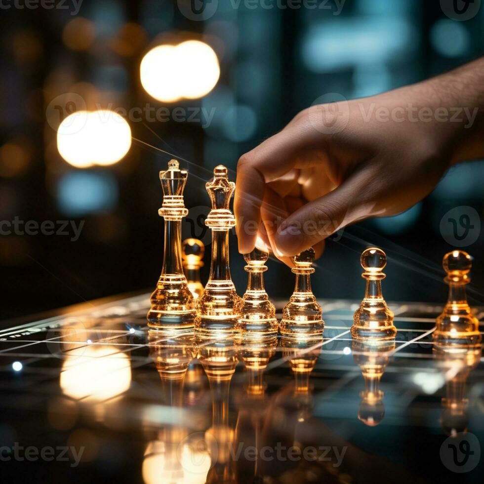 Close-up of a game of chess technology design display Business Management Performance and Financial Flows, strategy board game, problem solving, AI Generative photo