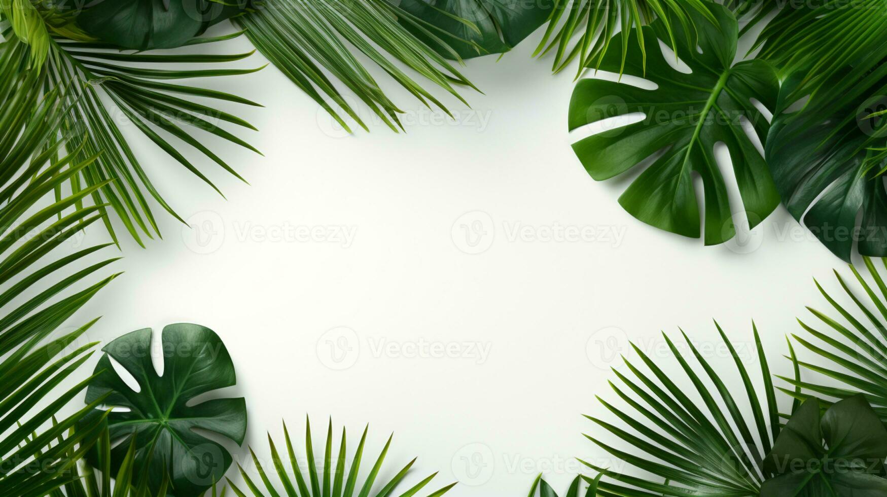 Tropical frame with green palm leaves Design on background, Copy space, Summer background, AI Generative photo