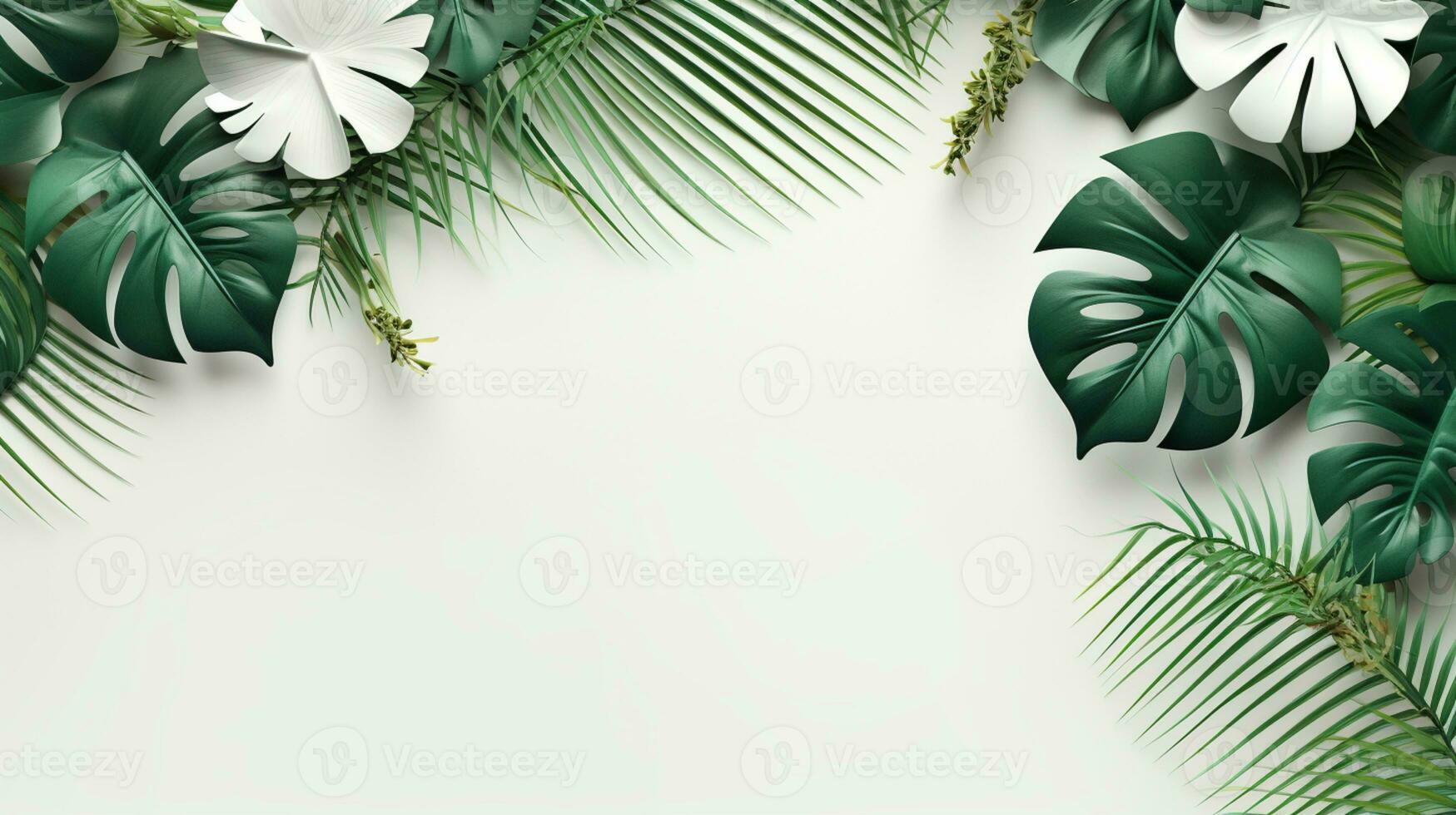 Tropical frame with green palm leaves Design on background, Copy space, Summer background, AI Generative photo