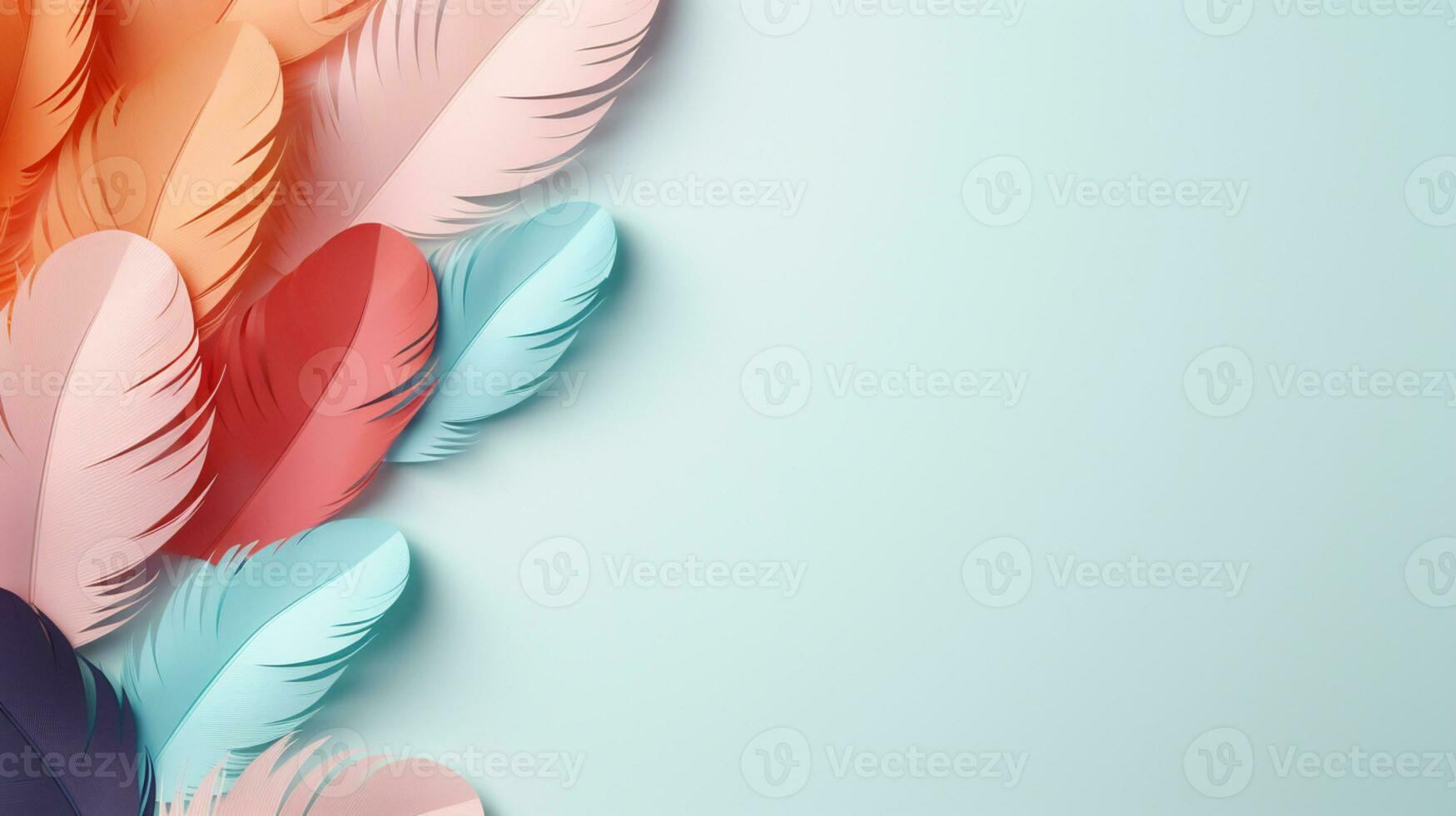 Pastel colorful feather on background, abstract papercut design, copy space, AI Generative photo