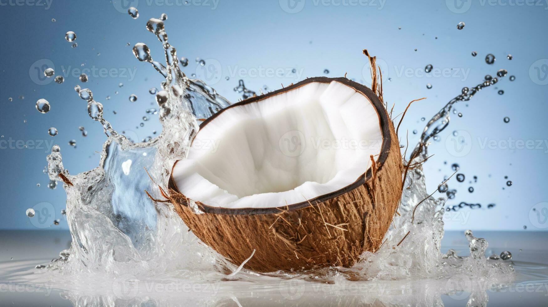 mitades de un Coco con agua chapoteo aislado en fondo, sano tropical alimento., ai generativo foto
