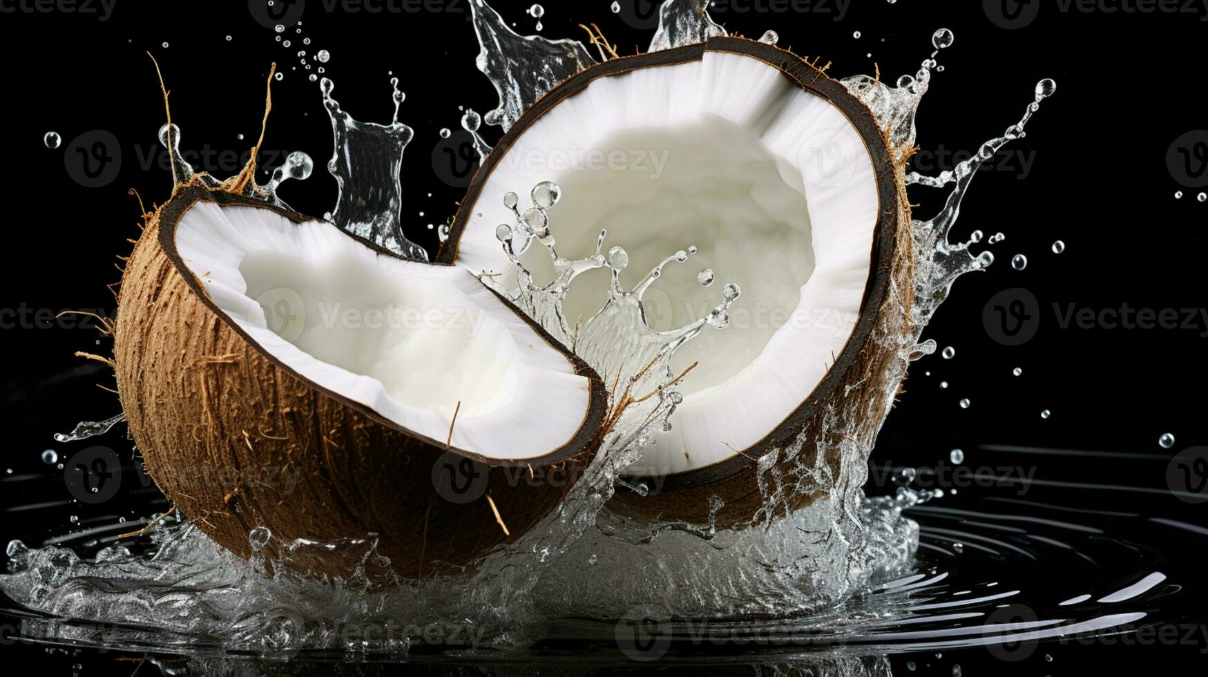 halves of a coconut with water splash isolated on background, Healthy tropical food, AI Generative photo