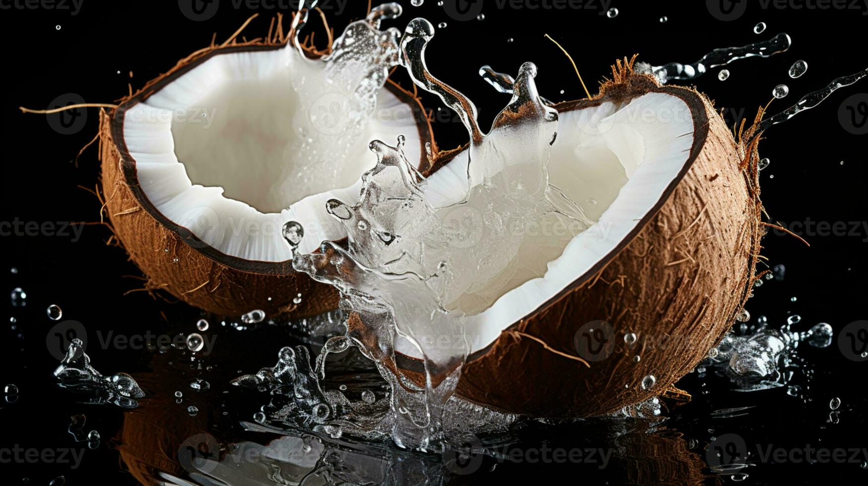 halves of a coconut with water splash isolated on background, Healthy tropical food, AI Generative photo