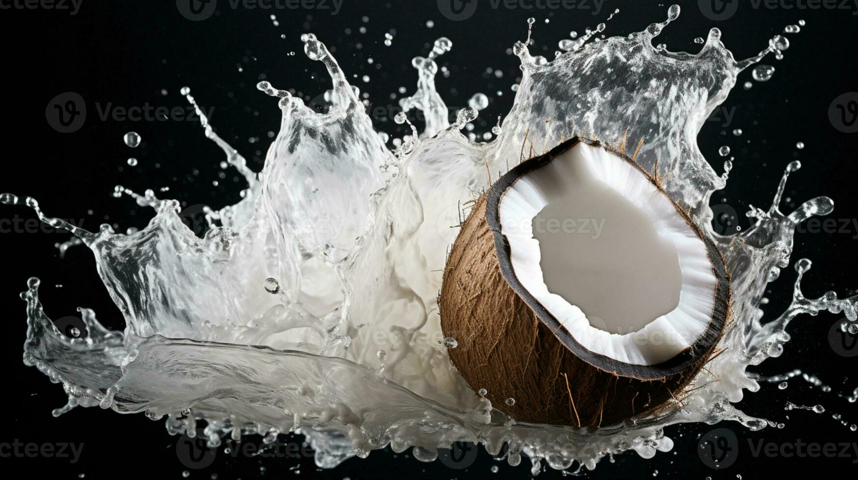 mitades de un Coco con agua chapoteo aislado en fondo, sano tropical alimento, ai generativo foto