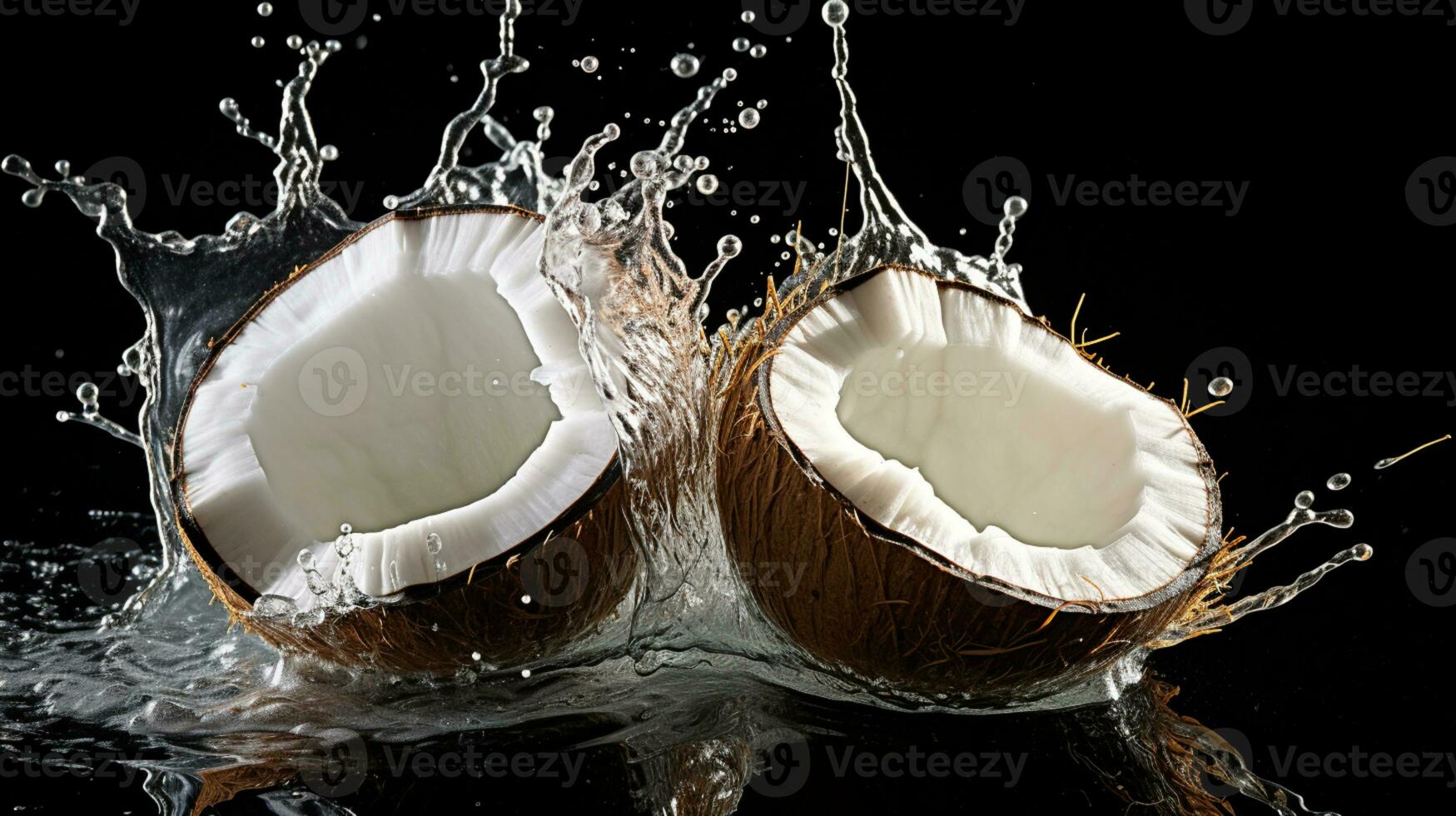 mitades de un Coco con agua chapoteo aislado en fondo, sano tropical alimento, ai generativo foto