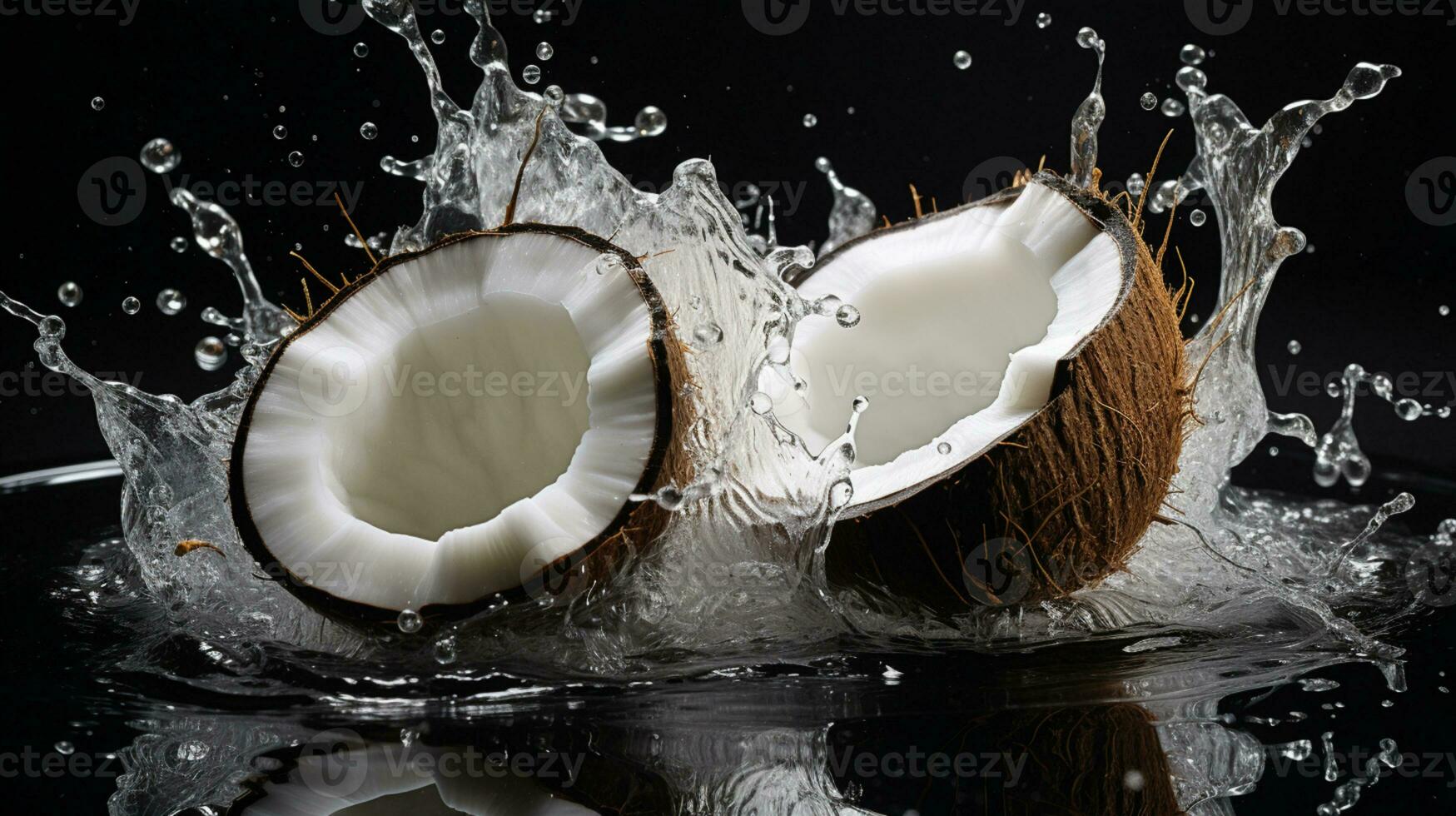 mitades de un Coco con agua chapoteo aislado en fondo, sano tropical alimento, ai generativo foto