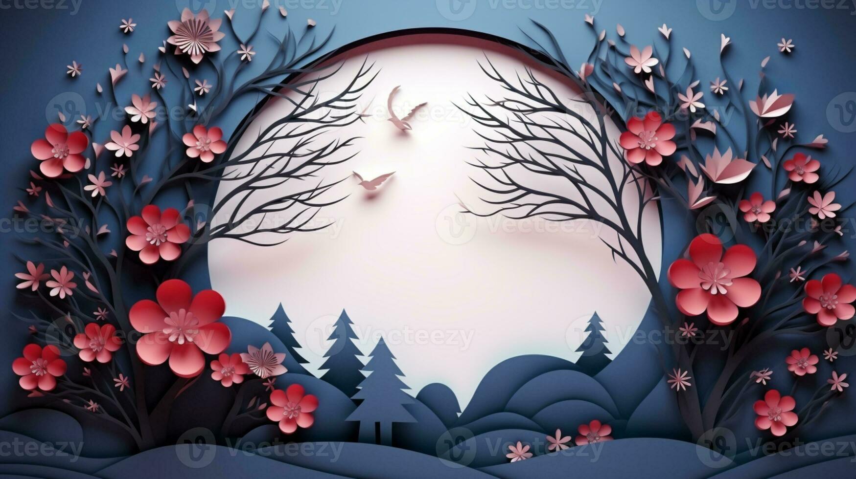 Nature background paper cut and craft style, romantic scenery , copy space, used for greeting card, AI Generative photo