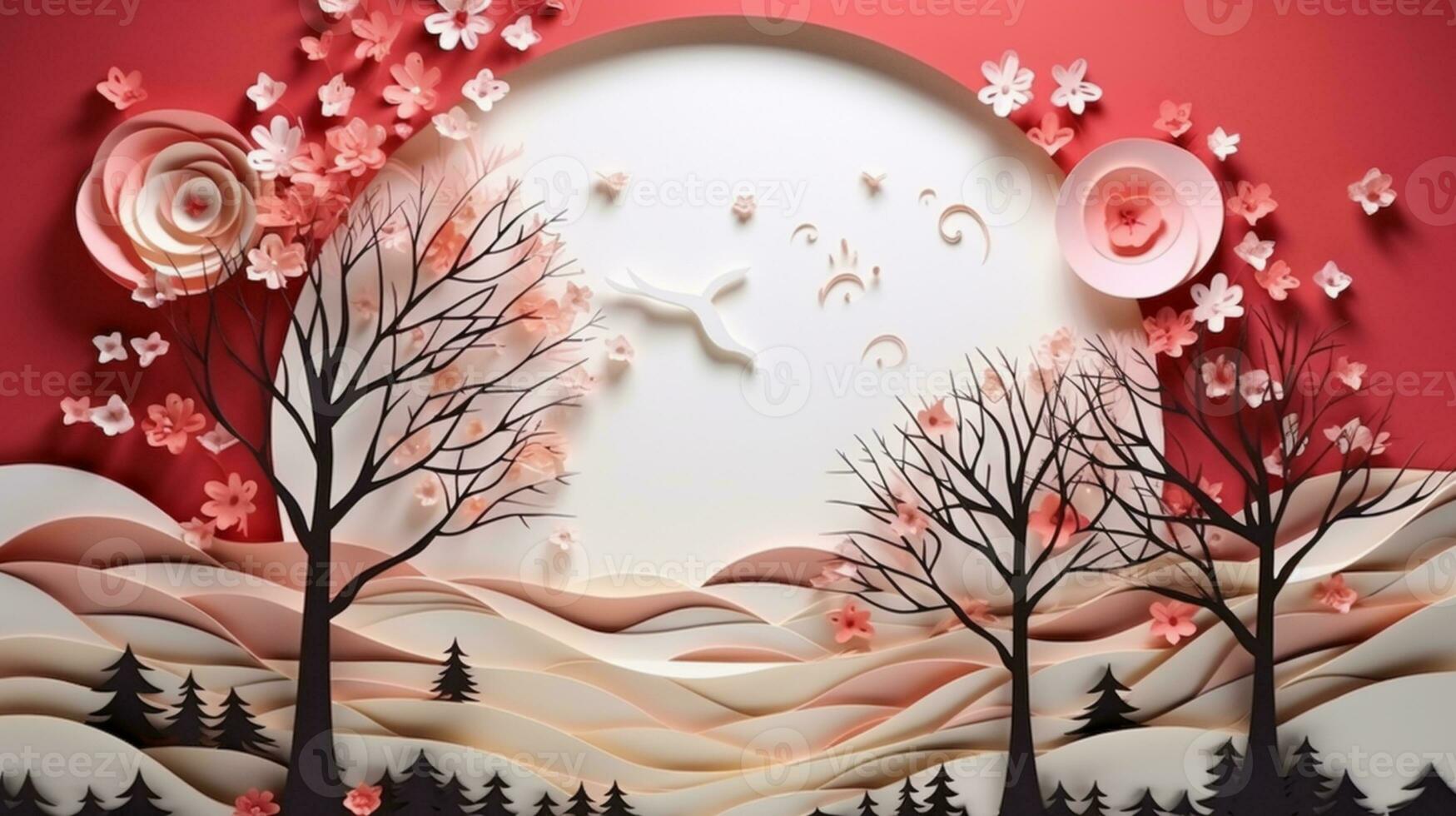 Nature background paper cut and craft style, romantic scenery , copy space, used for greeting card, AI Generative photo