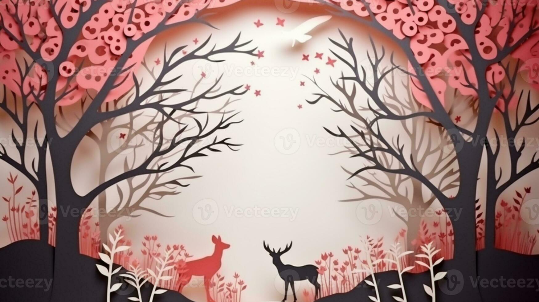 Nature background paper cut and craft style, romantic scenery , copy space, used for greeting card, AI Generative photo