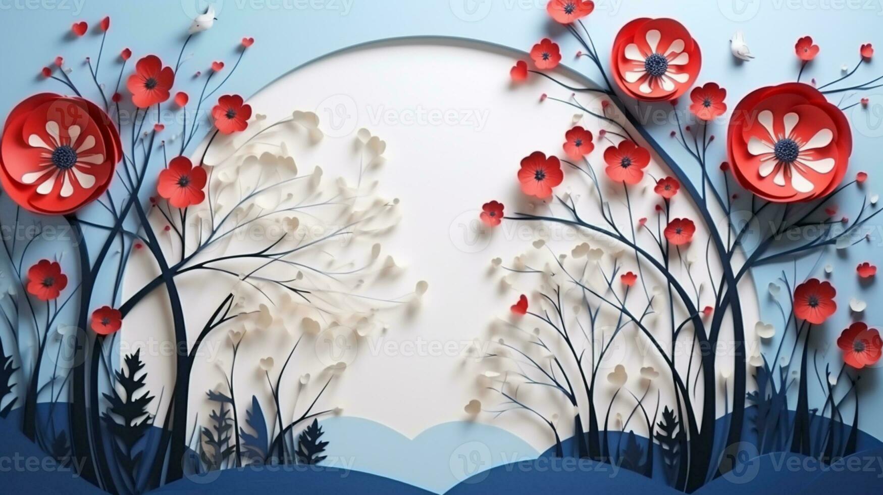 Nature background paper cut and craft style, romantic scenery , copy space, used for greeting card, AI Generative photo