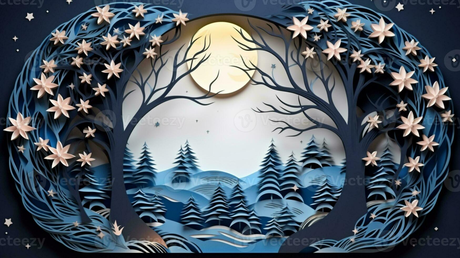 Nature background paper cut and craft style, romantic scenery , copy space, used for greeting card, AI Generative photo