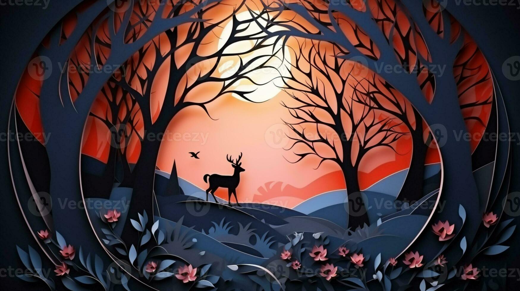 Nature background paper cut and craft style, romantic scenery , copy space, used for greeting card, AI Generative photo
