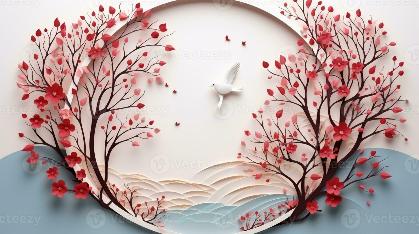 Nature background paper cut and craft style, romantic scenery , copy space, used for greeting card, AI Generative photo