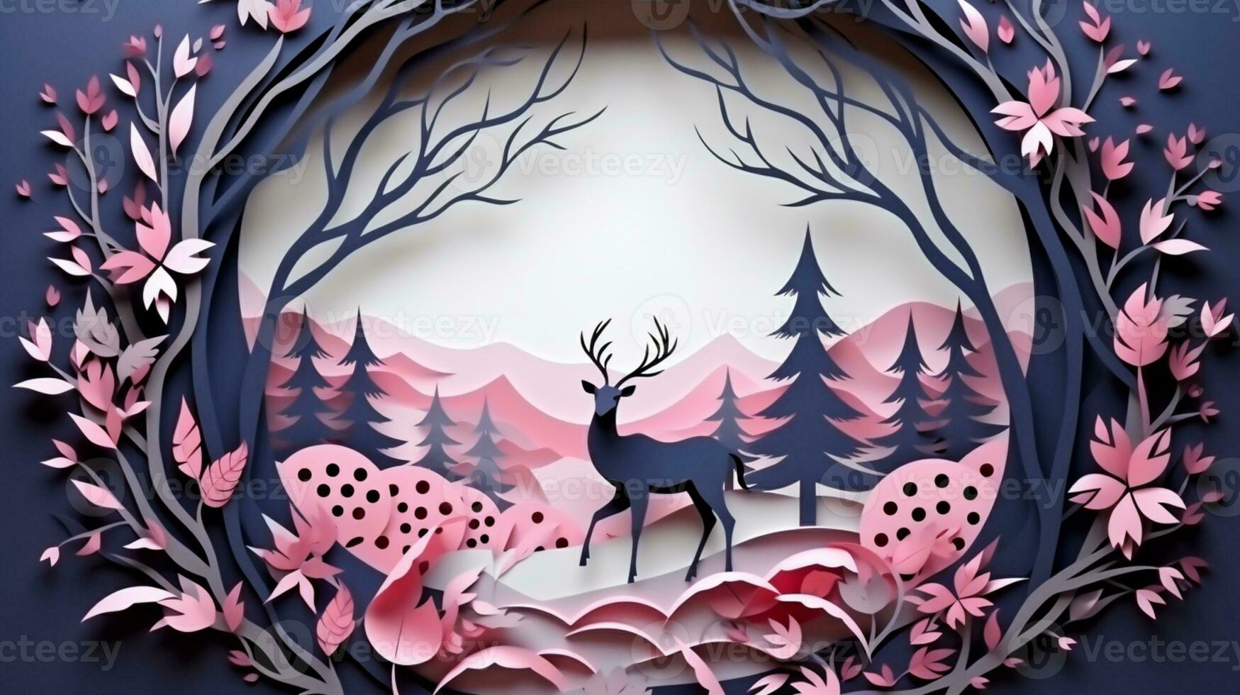 Nature background paper cut and craft style, romantic scenery , copy space, used for greeting card, AI Generative photo