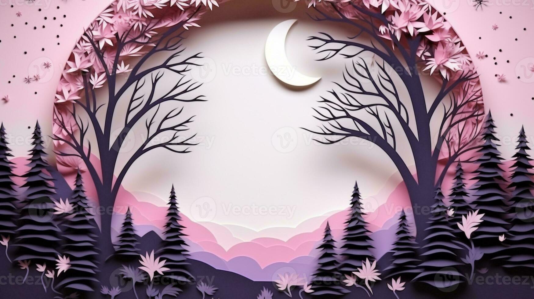 Nature background paper cut and craft style, romantic scenery , copy space, used for greeting card, AI Generative photo