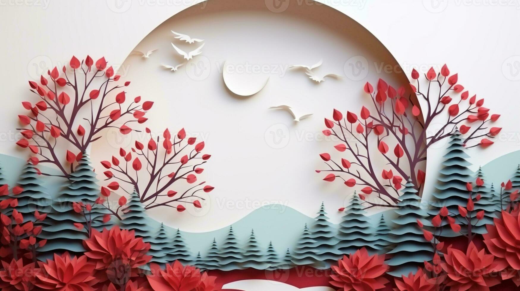 Nature background paper cut and craft style, romantic scenery , copy space, used for greeting card, AI Generative photo