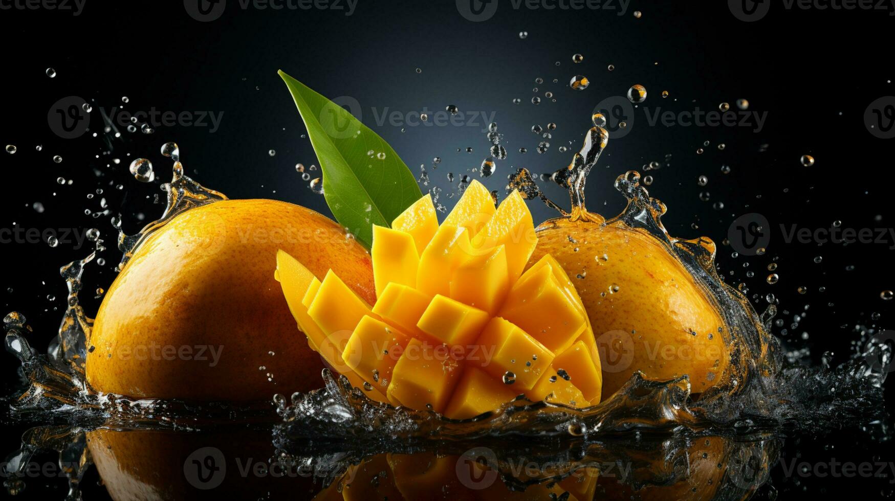 Fresco jugoso mango con agua chapoteo aislado en fondo, sano tropical fruta, ai generativo foto