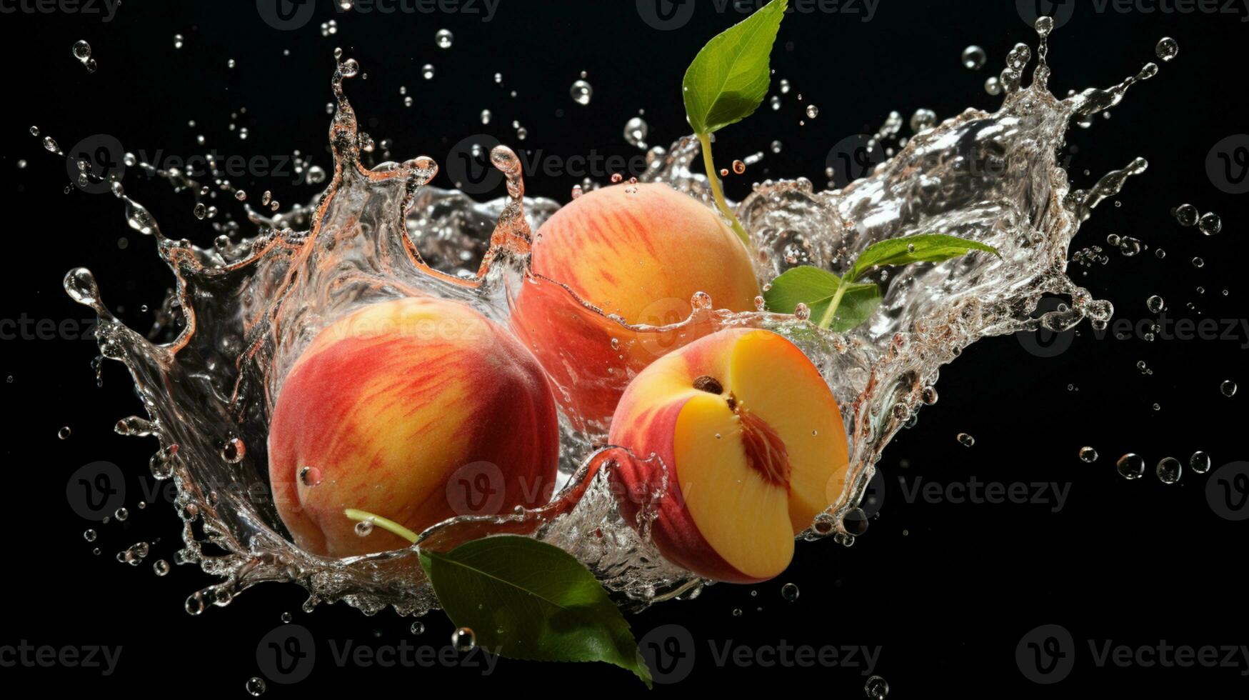 Fresh juicy peach fruit with water splash isolated on background, healthy fruit, AI Generative photo