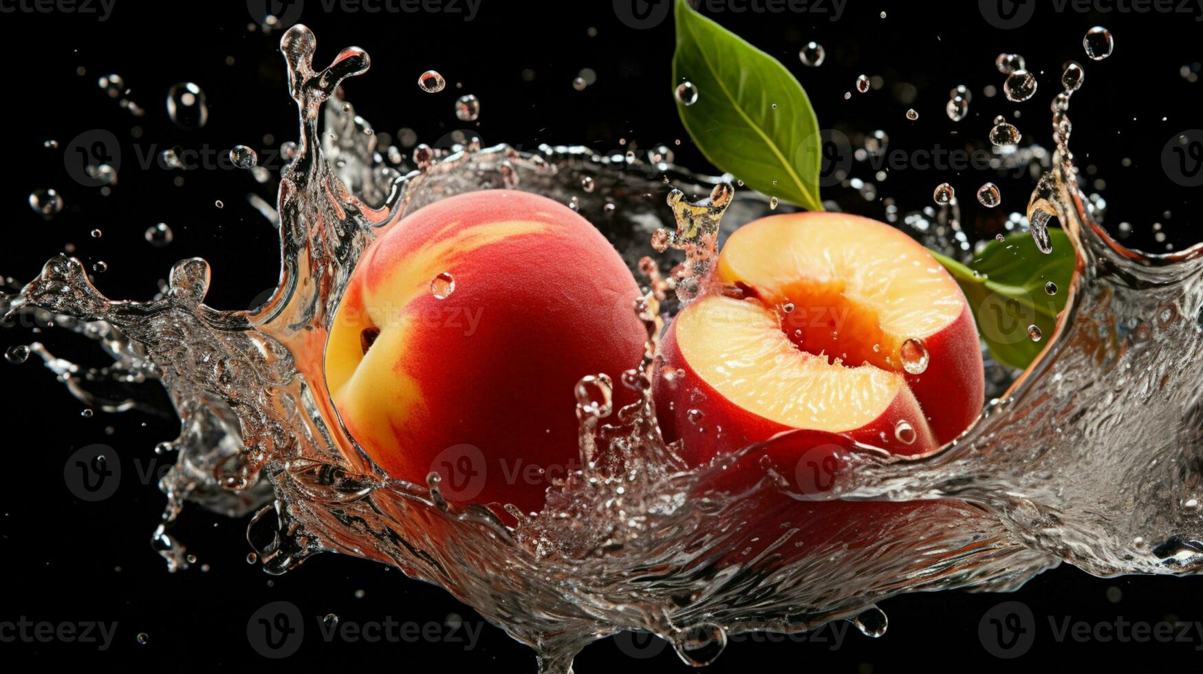 Fresh juicy peach fruit with water splash isolated on background, healthy fruit, AI Generative photo