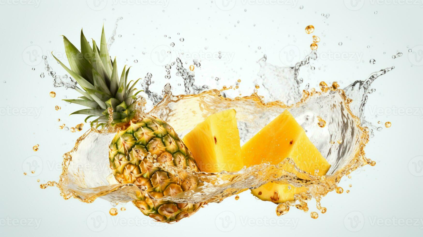 Fresh juicy pineapple fruit with water splash isolated on background, healthy tropical fruit, AI Generative photo