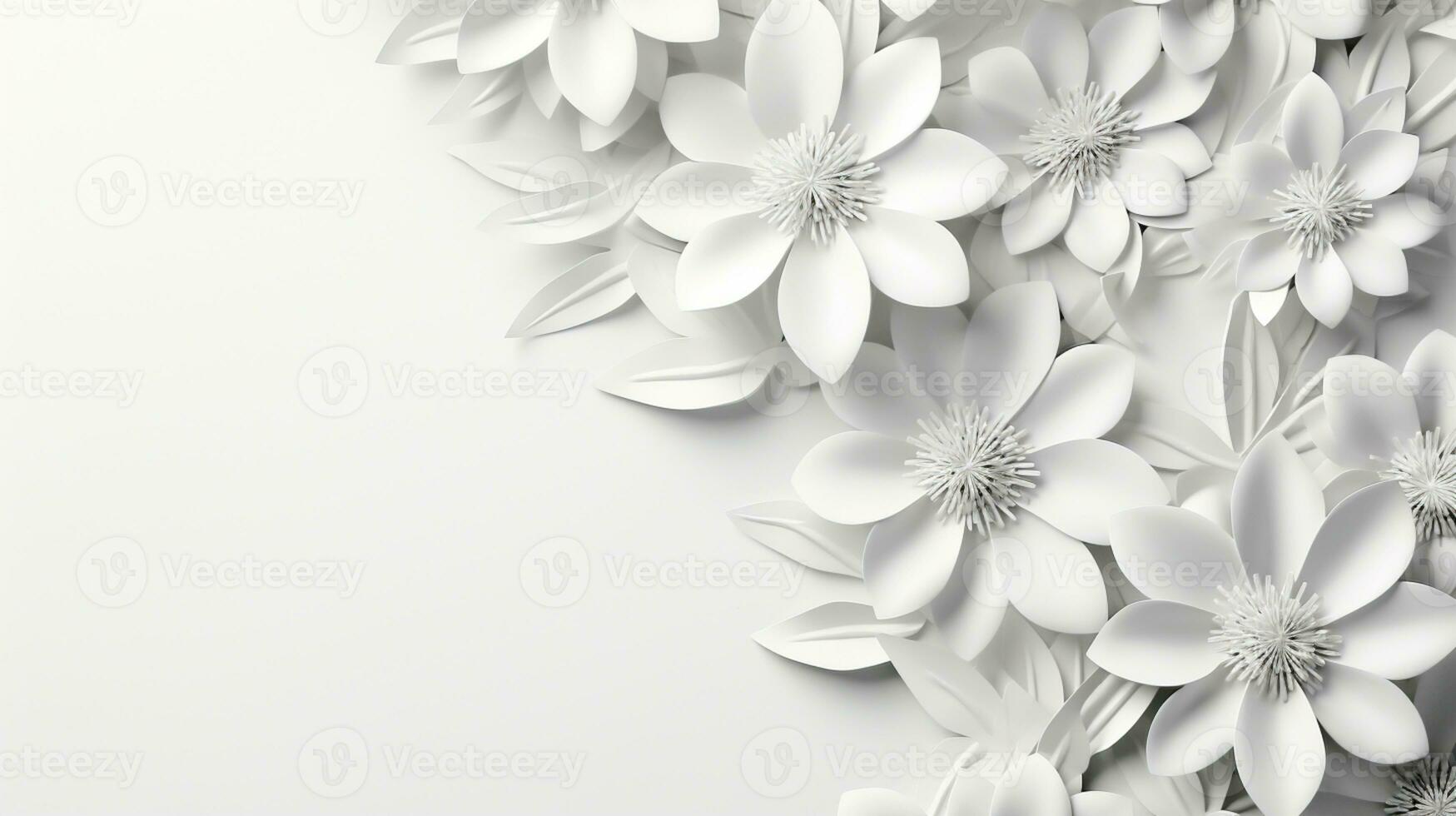 white paper flowers background, wedding decoration, bridal bouquet, greeting card template, copy space, AI Generative photo