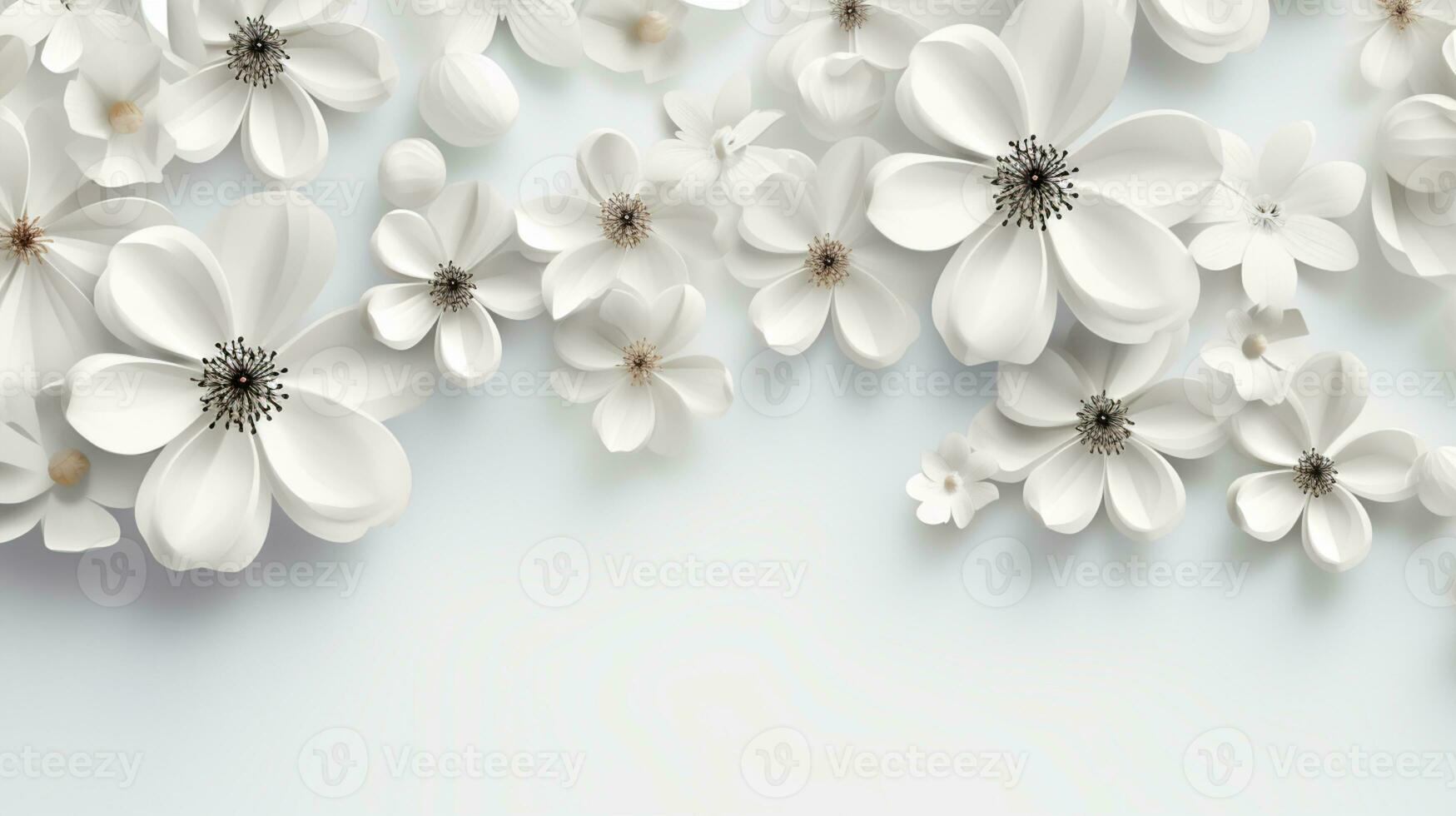 white paper flowers background, wedding decoration, bridal bouquet, greeting card template, copy space, AI Generative photo