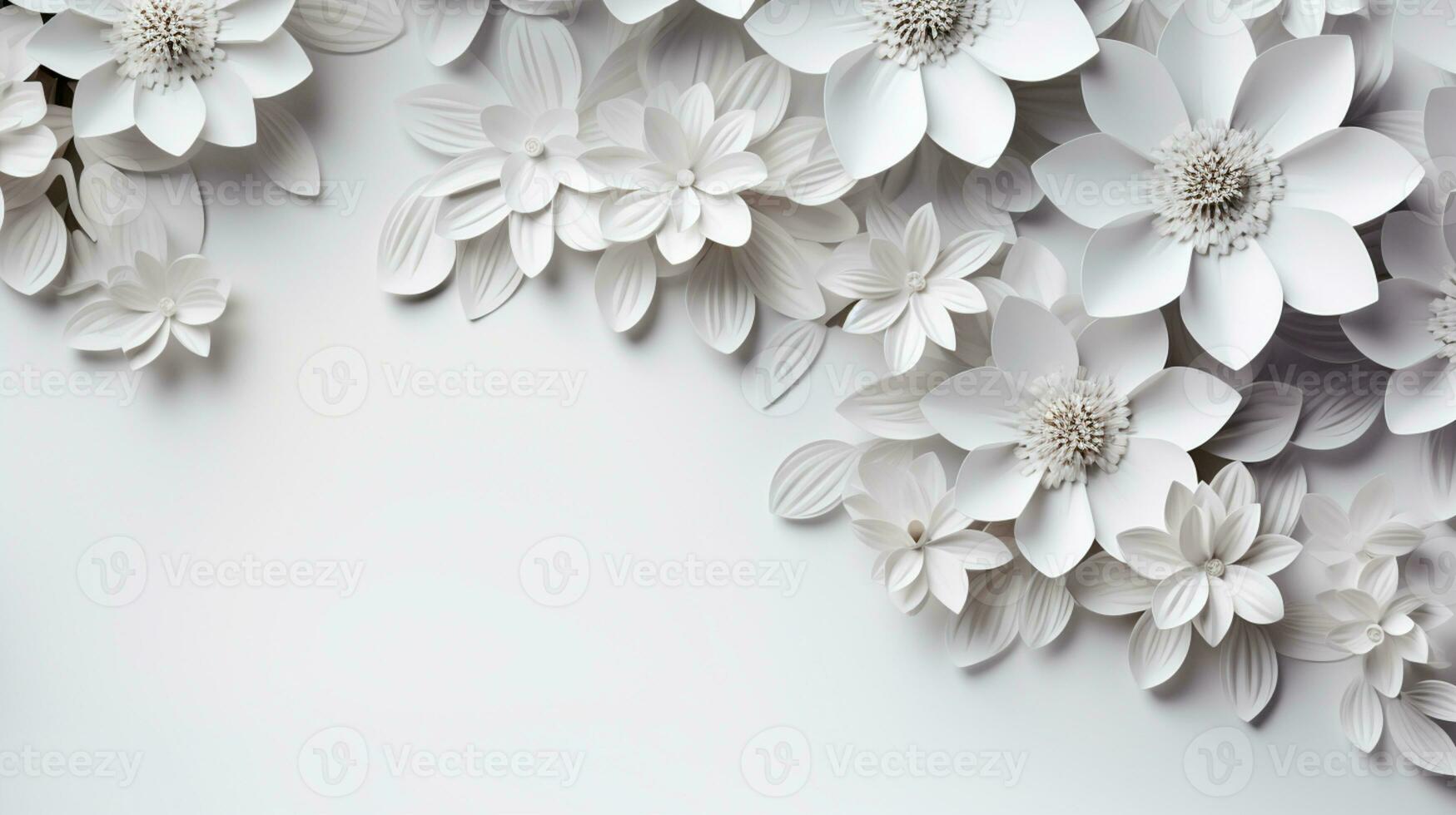 white paper flowers background, wedding decoration, bridal bouquet, greeting card template, copy space, AI Generative photo