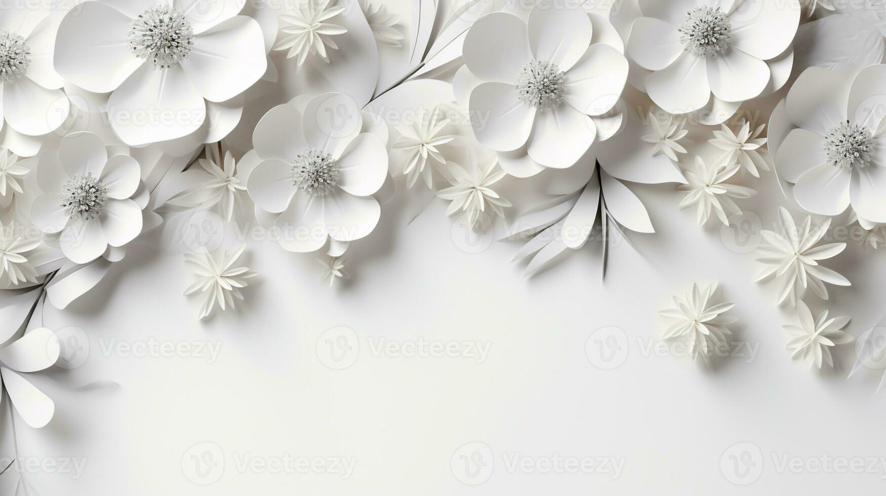 white paper flowers background, wedding decoration, bridal bouquet, greeting card template, copy space, AI Generative photo