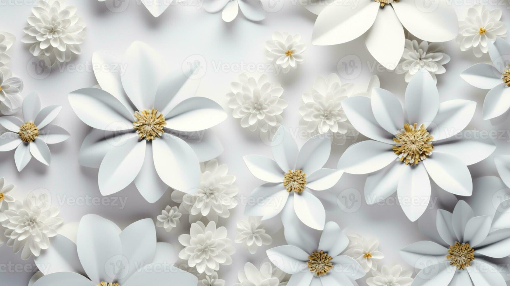 white paper flowers background, wedding decoration, bridal bouquet, greeting card template, copy space, AI Generative photo