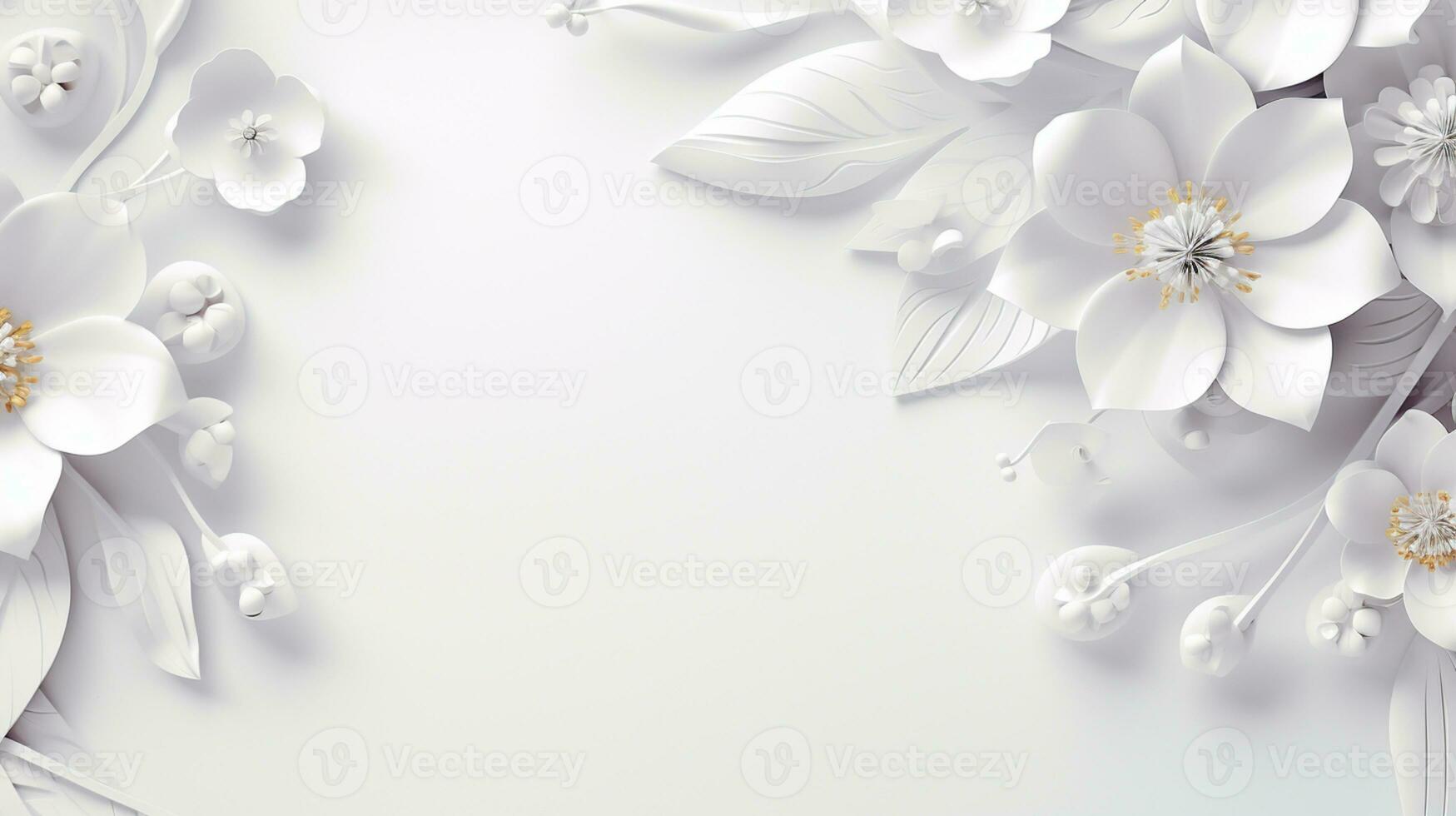 white paper flowers background, wedding decoration, bridal bouquet, greeting card template, copy space, AI Generative photo